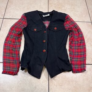 Vintage 90’s Women’s M Clueless Denim Jacket Sheer Plaid Sleeve Back Corset‎